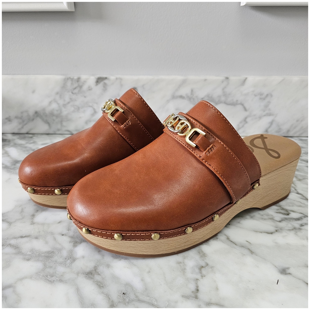 Sam Edelman Tan Leather Clog Mules with Gold Accents, NWOB